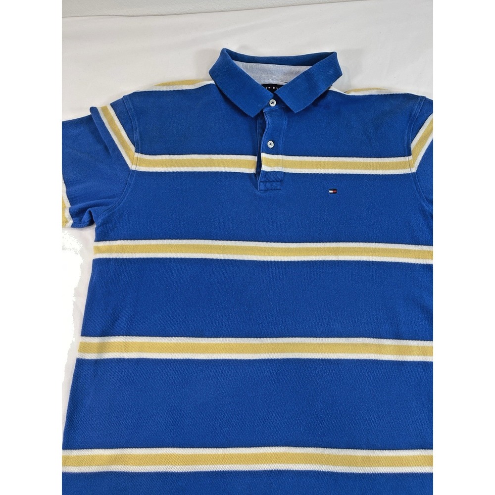 Tommy Hilfiger Mens Short Sleeve Shirt Large Blue Stripe Polo Preppy Casual